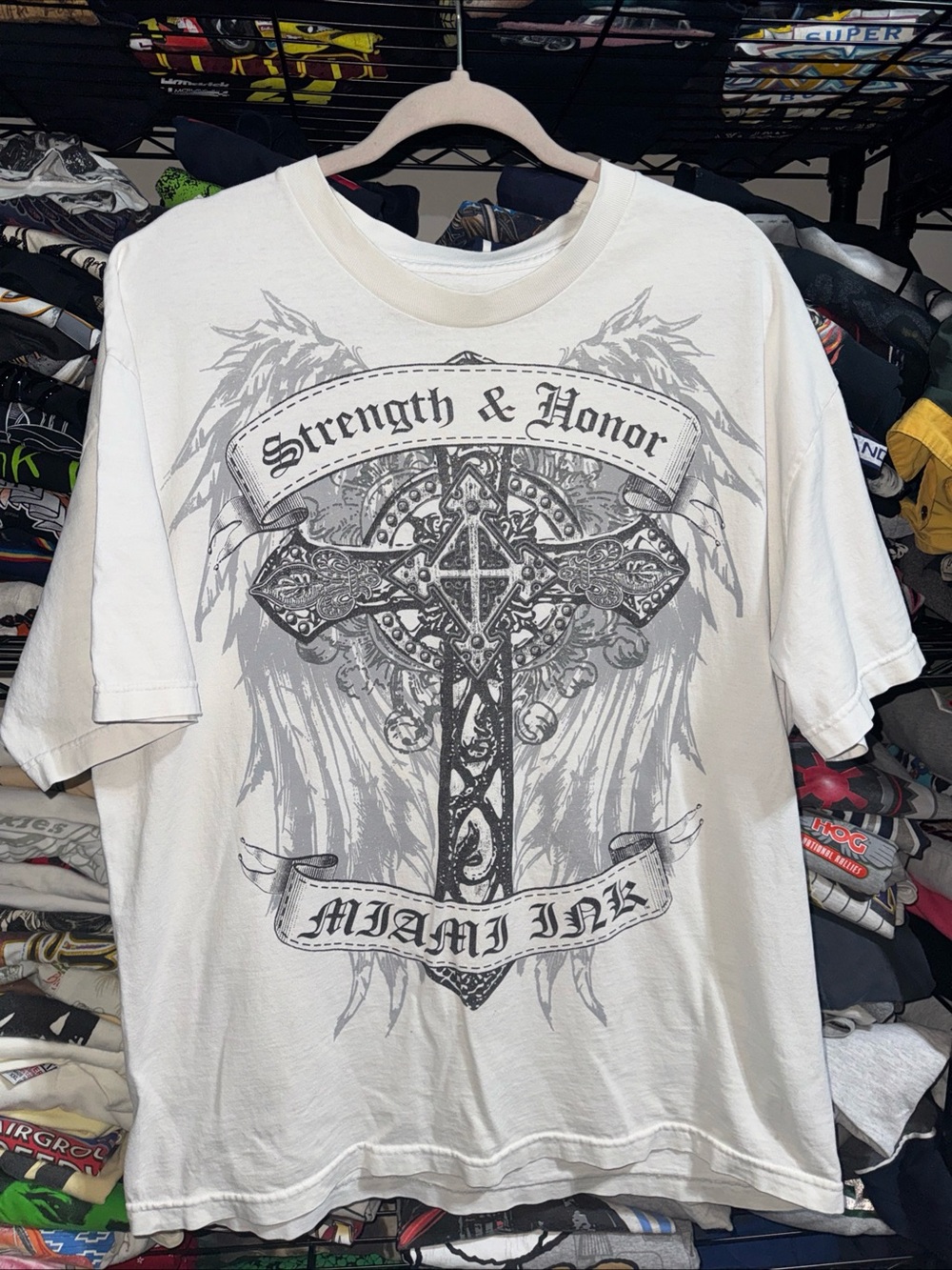 Y2K Miami Ink Strength And Honor Cross Grunge Shirt Size Xl